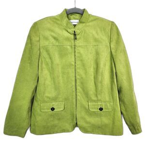 Alfred Dunner Mandarin Collar Zip Up Faux Suede Jacket Pockets Lime Green Size 8